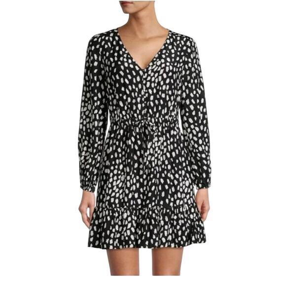 Vineyard Vines Dresses & Skirts - Vineyard Vines Black White Silk Blend Dress Large V Neck Long Sleeve Ruffle Hem